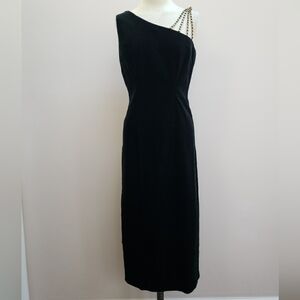 Vintage Althuser Black Velvet Column Dress with Gold & Black Braided Strap, 6